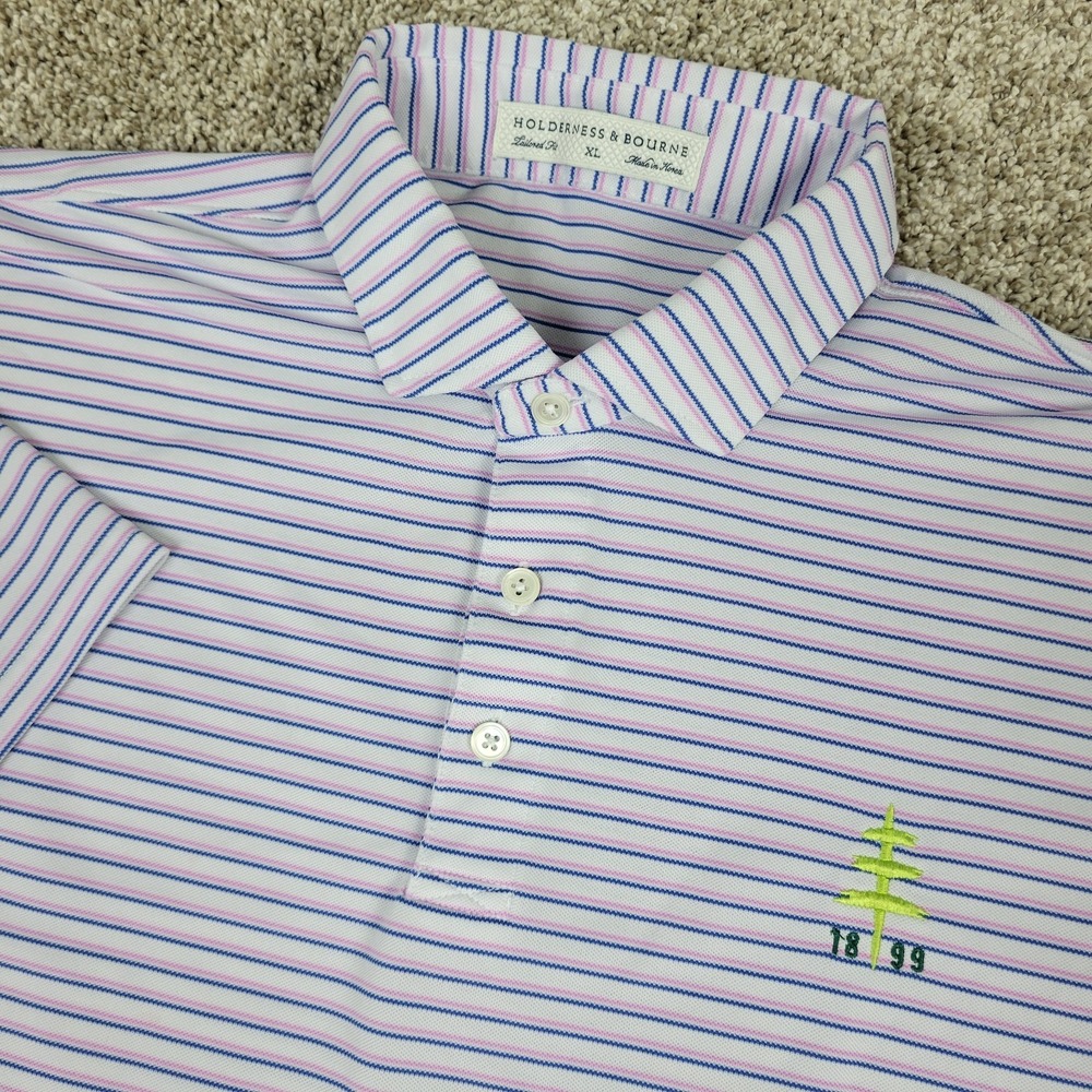 Holderness & Bourne Mens XL White Blue Pink Striped Performance Stretch Polo